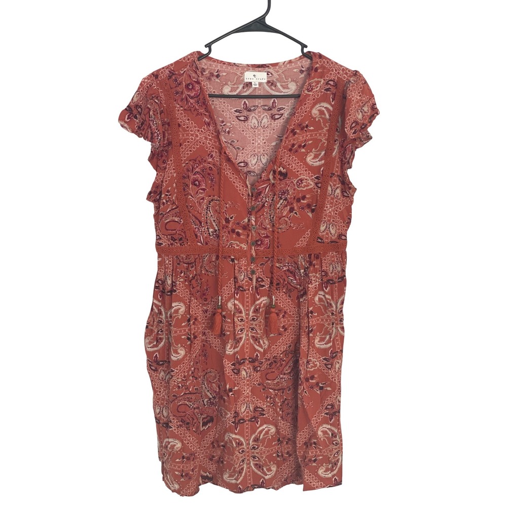 True Craft Womens Festival Boho Hippie Summer Mini Dress Paisley Tassel L Orange